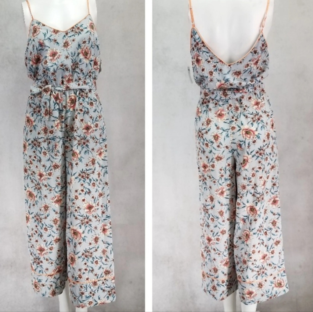 Leith Floral Wide Leg Jumpsuit Women's Large V-Neck Adjustable Spaghetti Straps